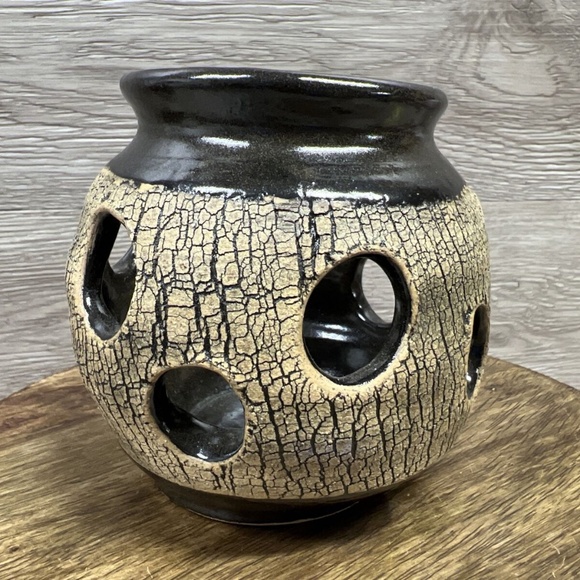 Stoneware Art Pottery Candle Signed Handcrafted Dark Blue Black Textured - Picture 1 of 9